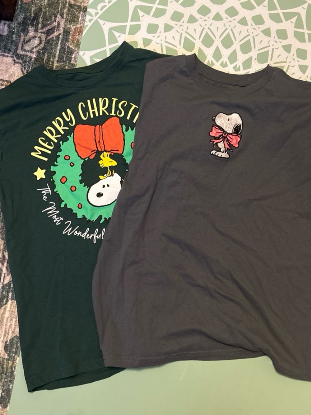 Peanuts Short Sleeve Tee Duo in Green & Gray with Snoopy Graphics